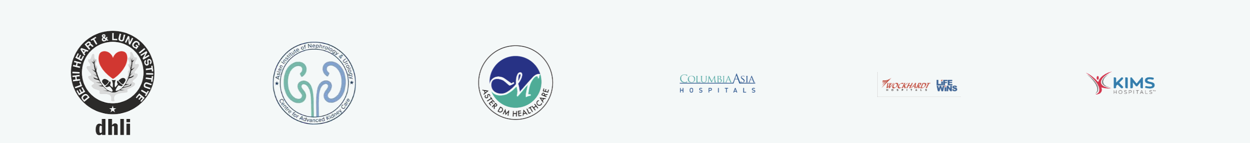 Our healthcare clients — Delhi Heart & Lung Institute, Asian Institute of Nephrology, Aster DM Healthcare, Columbia Asia, Wockhardt, KIMS